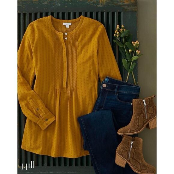 J Jill PL Mustard Yellow Clip-Dot Popover Tunic Top Textured Cottagecore Boho - Picture 2 of 10